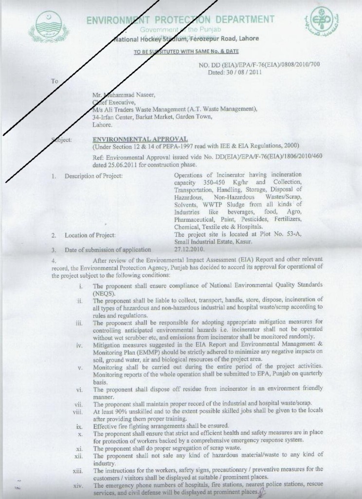 EPA Punjab incinerator environmental approval — page 1