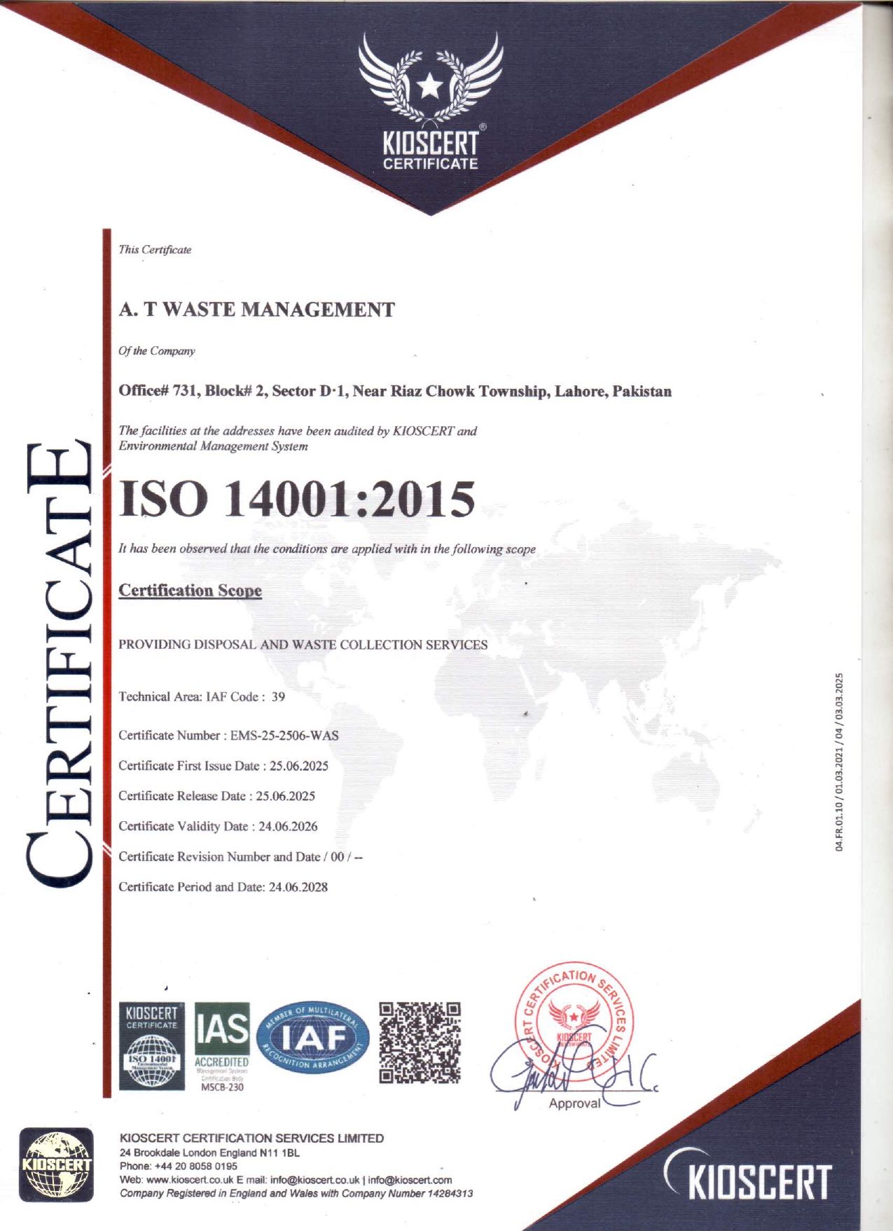 ISO 14001:2015 certificate — KIOSCERT
