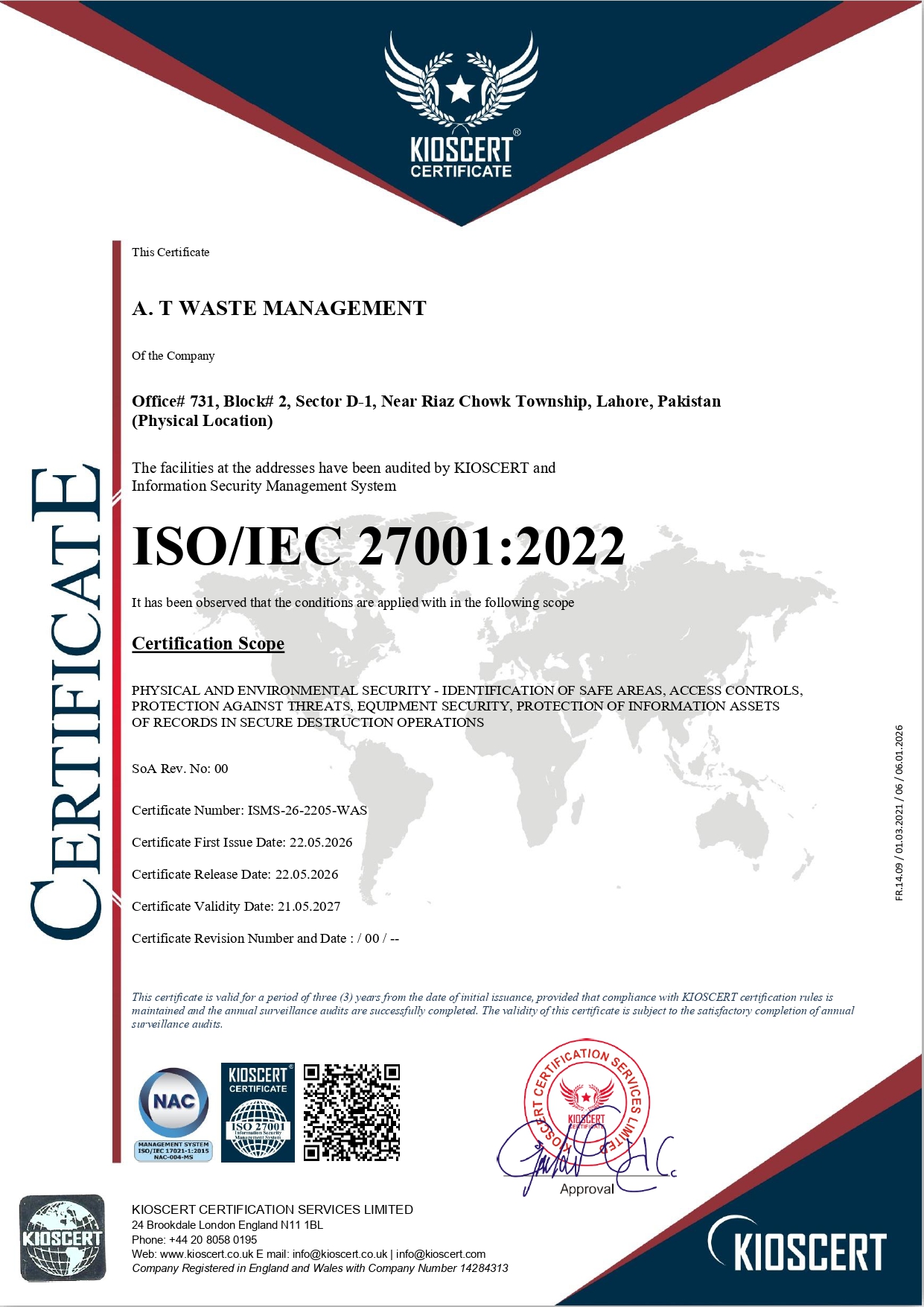 ISO/IEC 27001:2022 certificate — KIOSCERT
