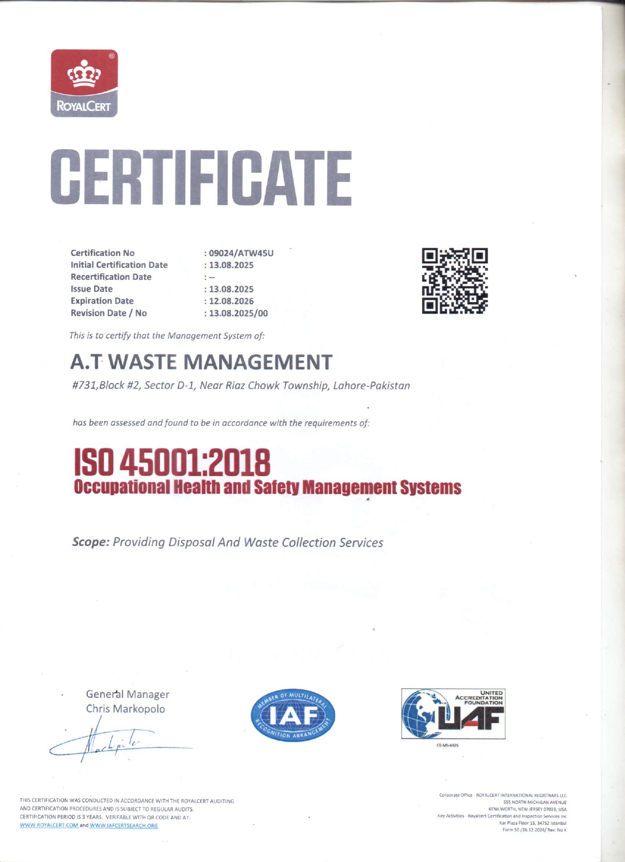 ISO 45001:2018 certificate — RoyalCert